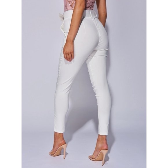 White High Waist Buckle Belt Tapered Cropped Straight Leg Ankle Pants - Picture 8 of 14